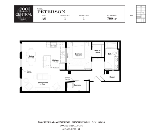 Floor plan for 1 bed, 1 bath, 790 sqft
